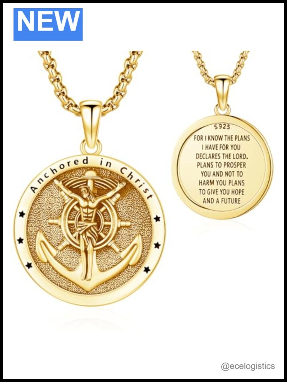 Anchor Jesus Cross Pendant Necklace 925 Sterling Silver 18K Gold Plated